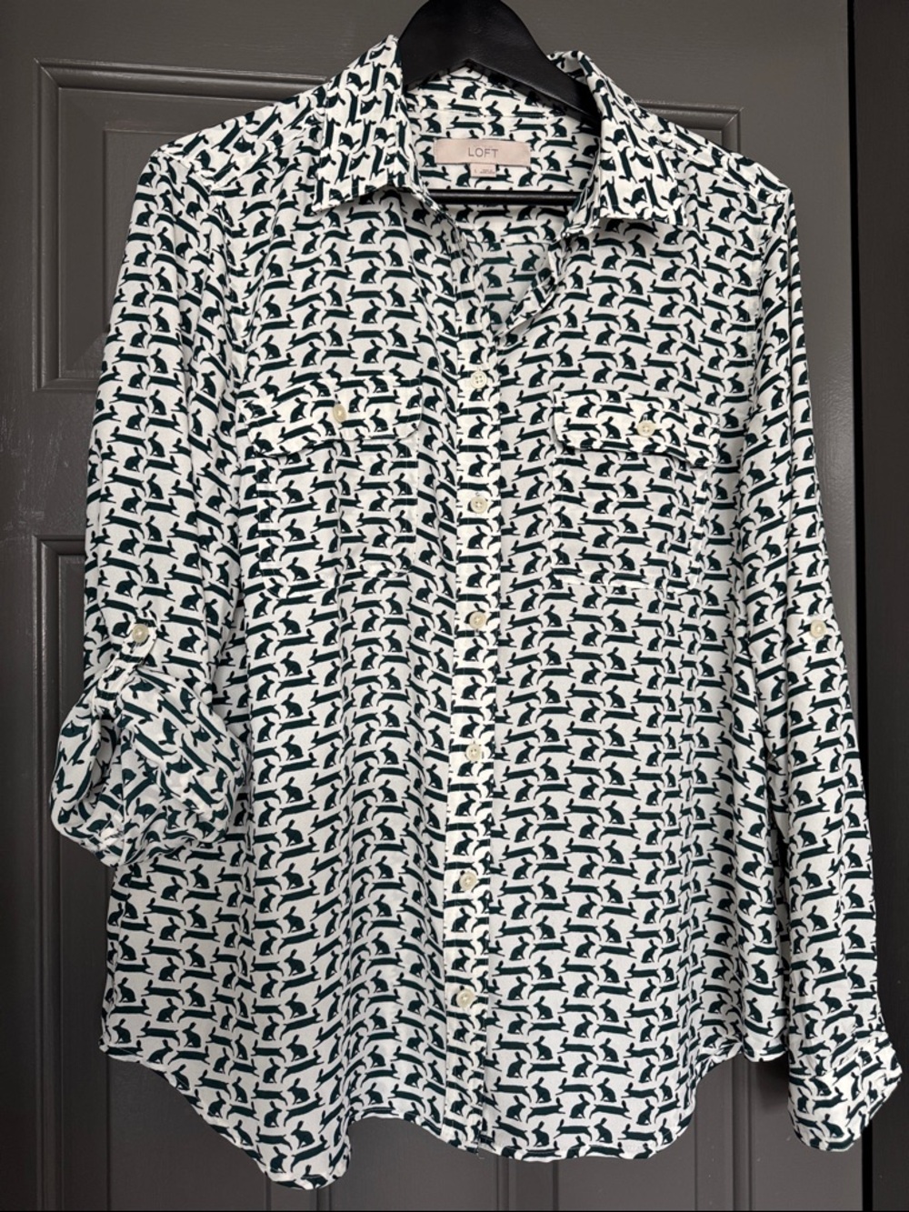 LOFT White Blouse with Dark Teal rabbit bunny Pattern